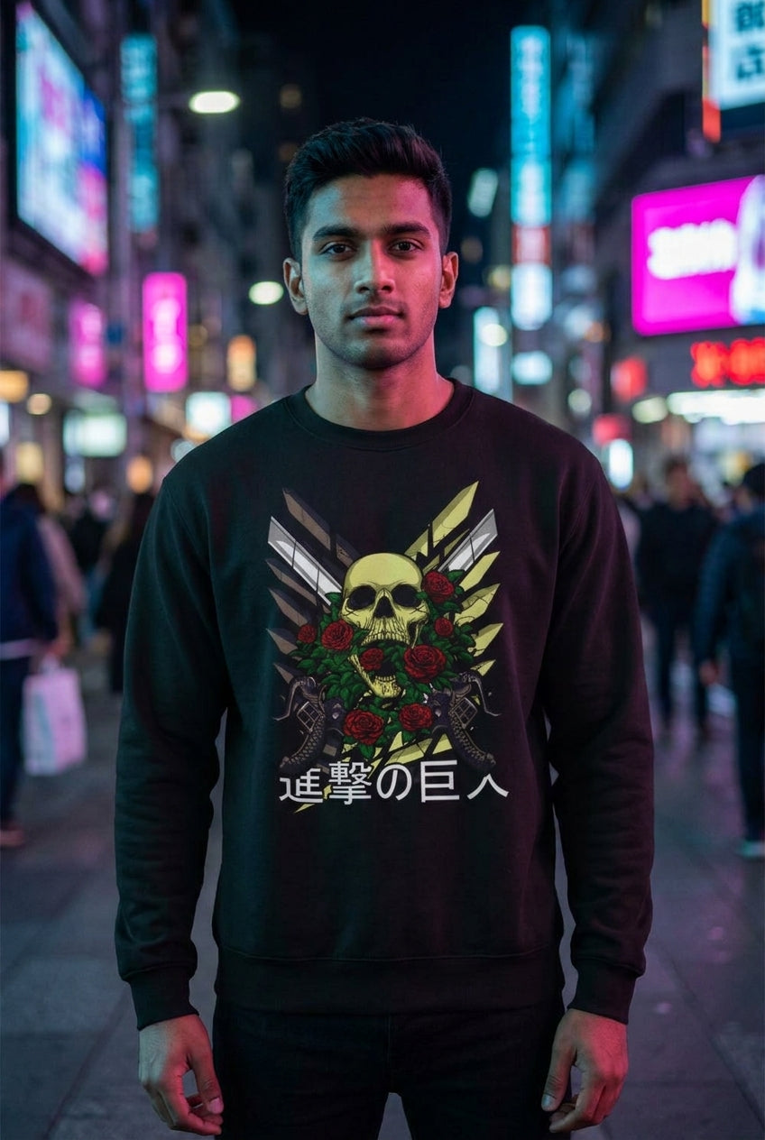 Hombre en sueter Attack on Titan calavera y rosas streetwear urbano | Algoritmo