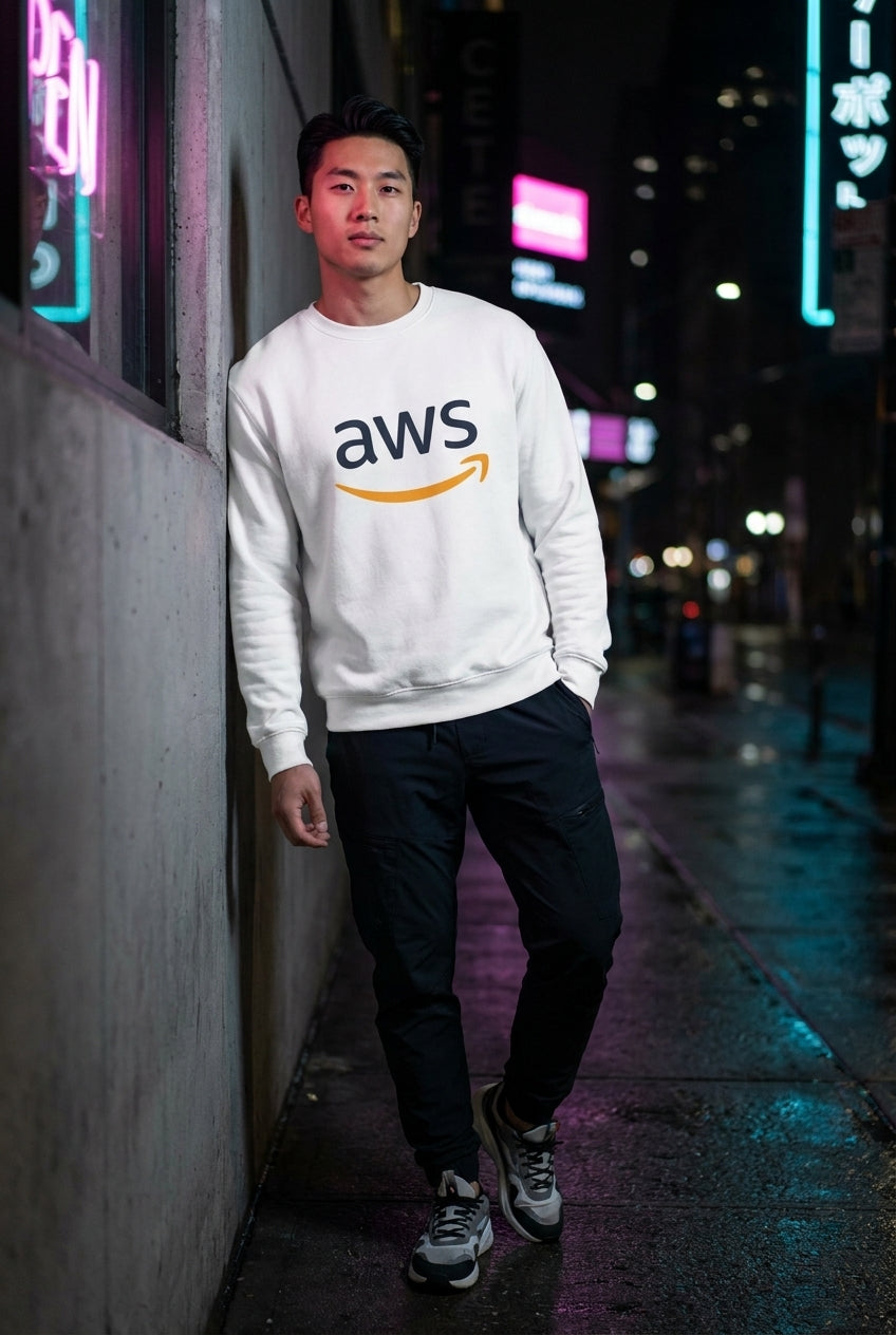 Hombre en suéter blanco con logo AWS de Amazon streetwear urbano | Algoritmo