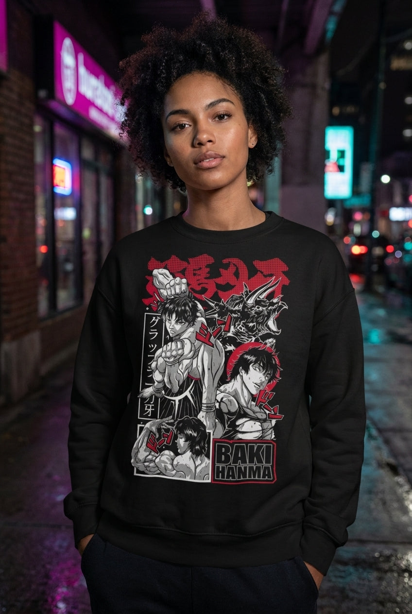Mujer en sudadera Baki Hanma streetwear urbano | Algoritmo