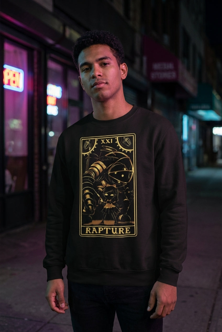 Hombre en sudadera negra BioShock Rapture streetwear urbano | Algoritmo