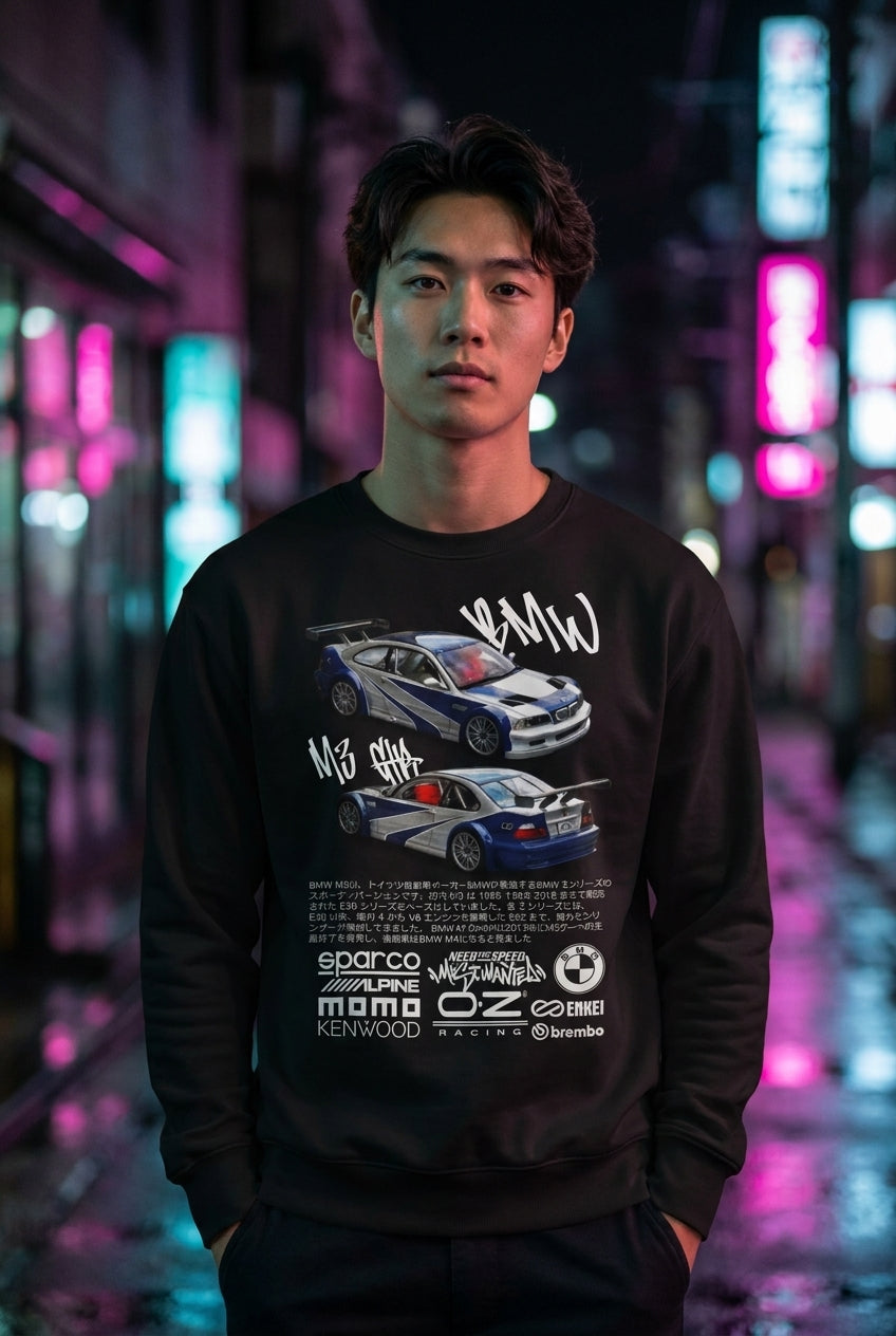 Hombre en sueter BMW M3 GTR Need for Speed streetwear urbano | Algoritmo