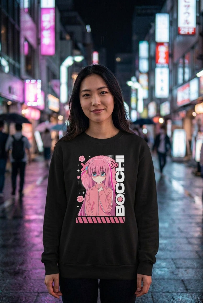 Mujer en sueter Bocchi The Rock anime streetwear urbano | Algoritmo