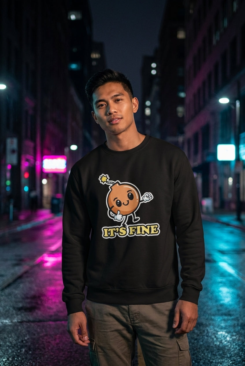 Hombre en suéter Bomberman It's Fine streetwear urbano | Algoritmo