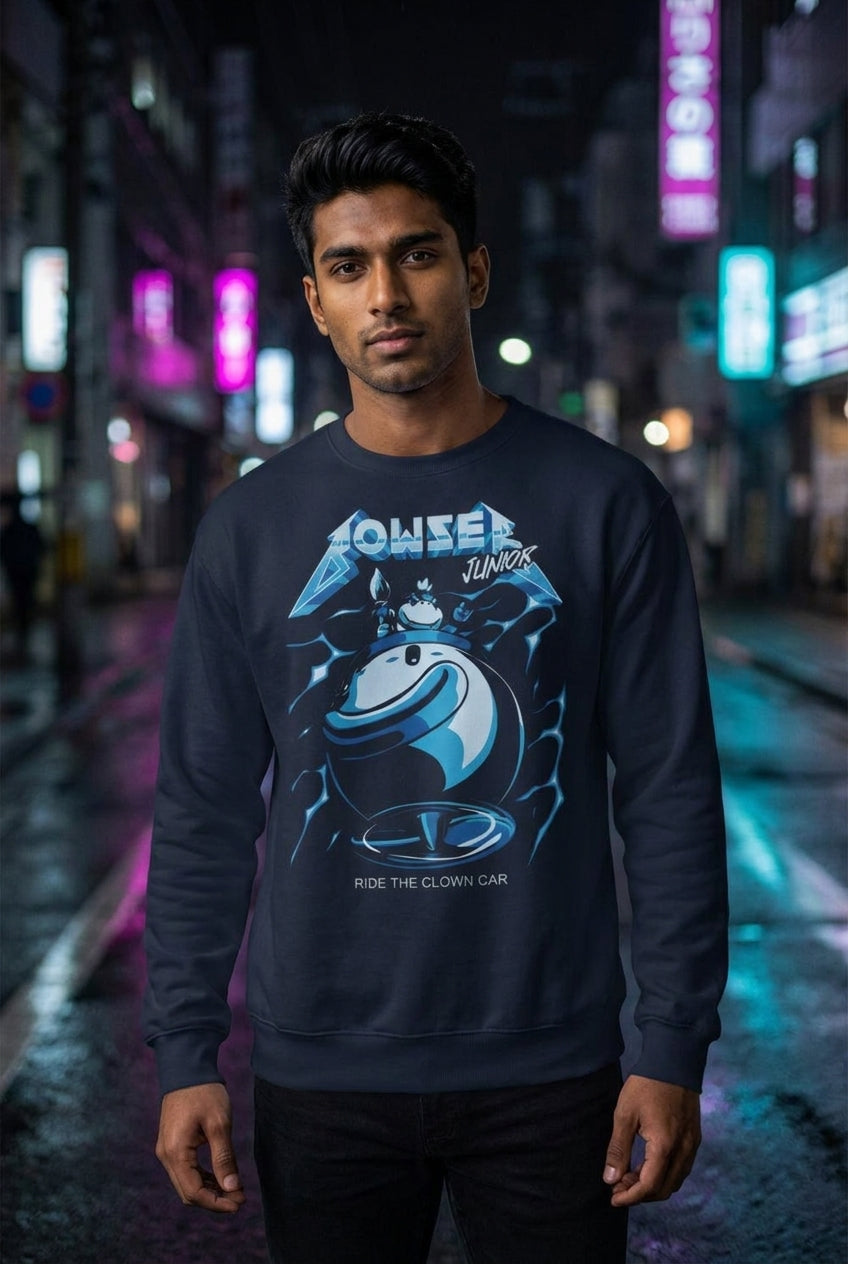 Hombre en sueter azul Bowser Junior clown car Mario Bros streetwear urbano | Algoritmo