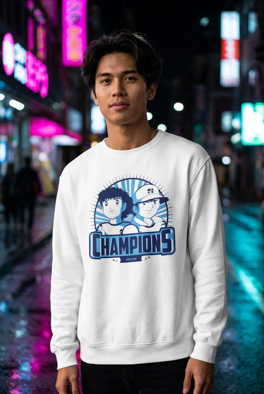 Hombre en suéter Captain Tsubasa Champions anime streetwear urbano | Algoritmo
