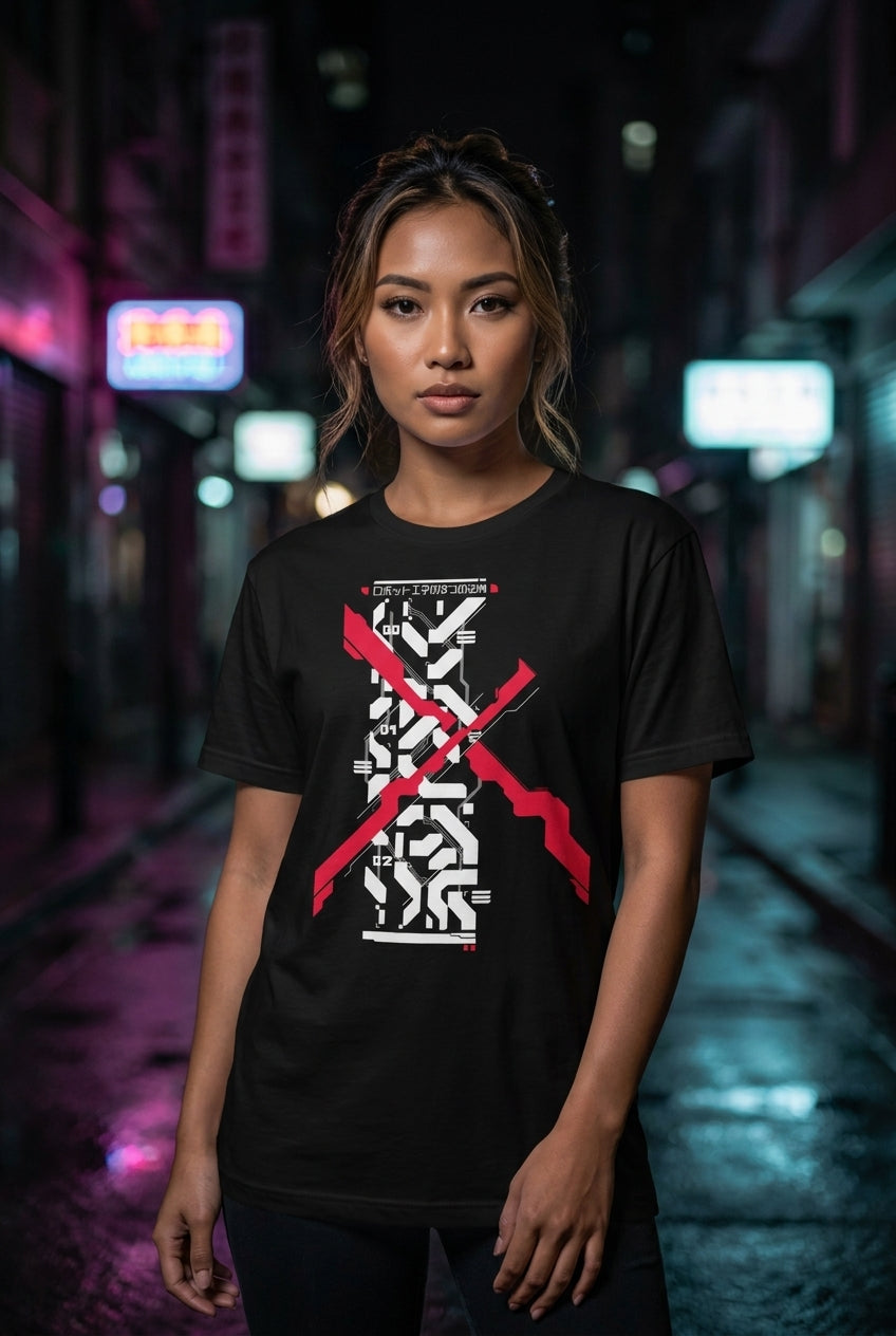 Mujer en playera cyberpunk CD Projekt RED streetwear urbano | Algoritmo
