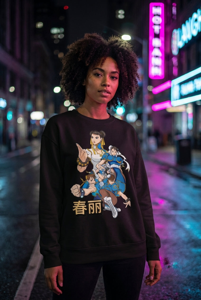 Mujer en sudadera Chun-Li Street Fighter streetwear urbano | Algoritmo