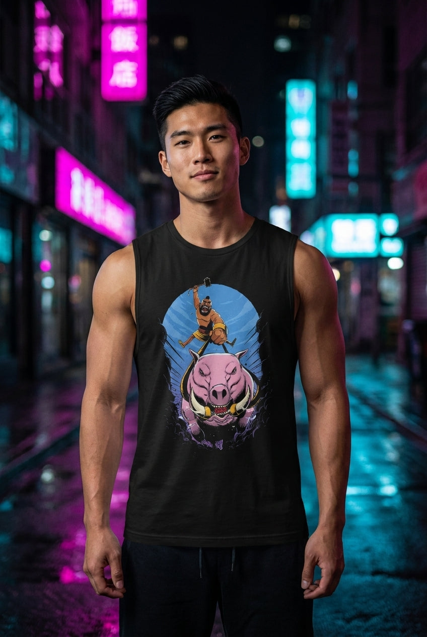 Hombre en camiseta sin mangas negra con Hog Rider de Clash Royale streetwear urbano | Algoritmo