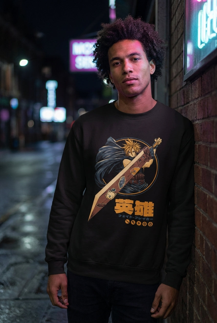 Hombre en sueter negro Cloud Strife Final Fantasy VII streetwear urbano | Algoritmo