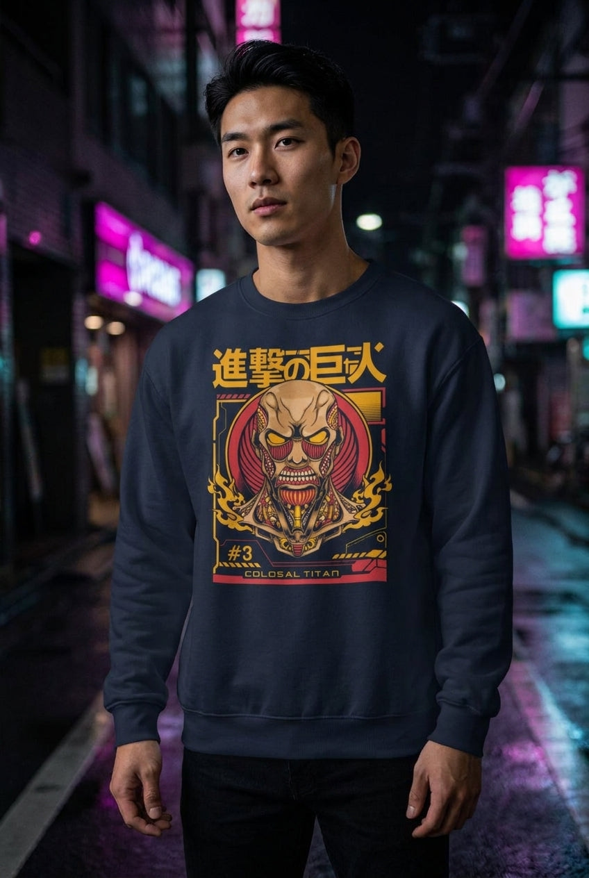 Hombre en suéter azul Titán Colosal Attack on Titan streetwear urbano | Algoritmo