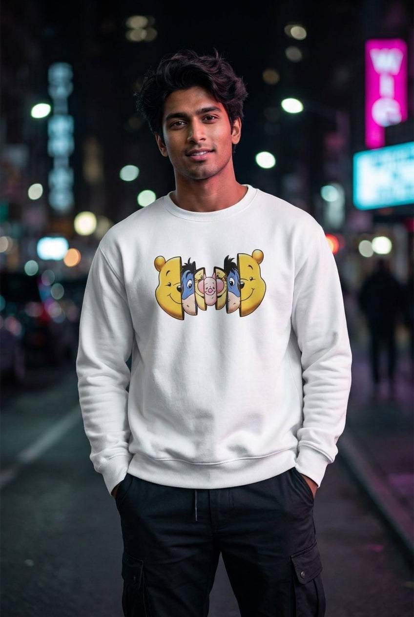 Hombre en sudadera blanca Winnie Pooh streetwear urbano | Algoritmo