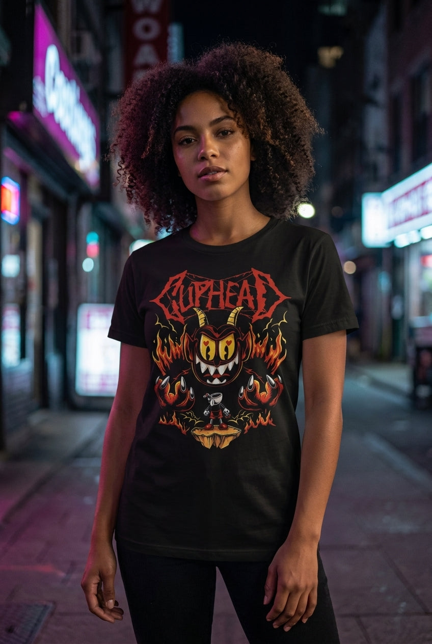 Mujer en playera Cuphead Devil estilo metal streetwear urbano | Algoritmo