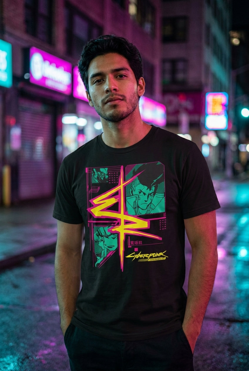Hombre en playera Cyberpunk Edgerunners streetwear urbano | Algoritmo