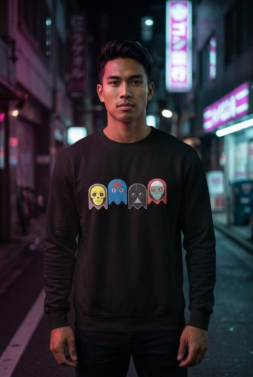 Hombre en sudadera Darth Vader fantasmas villanos retro streetwear urbano | Algoritmo