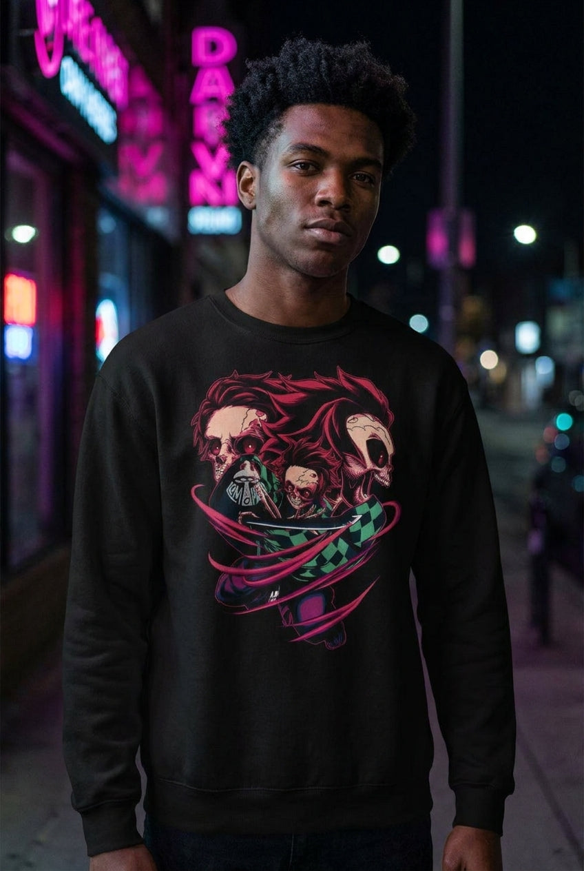 Hombre en sudadera Demon Slayer Tanjiro streetwear urbano | Algoritmo