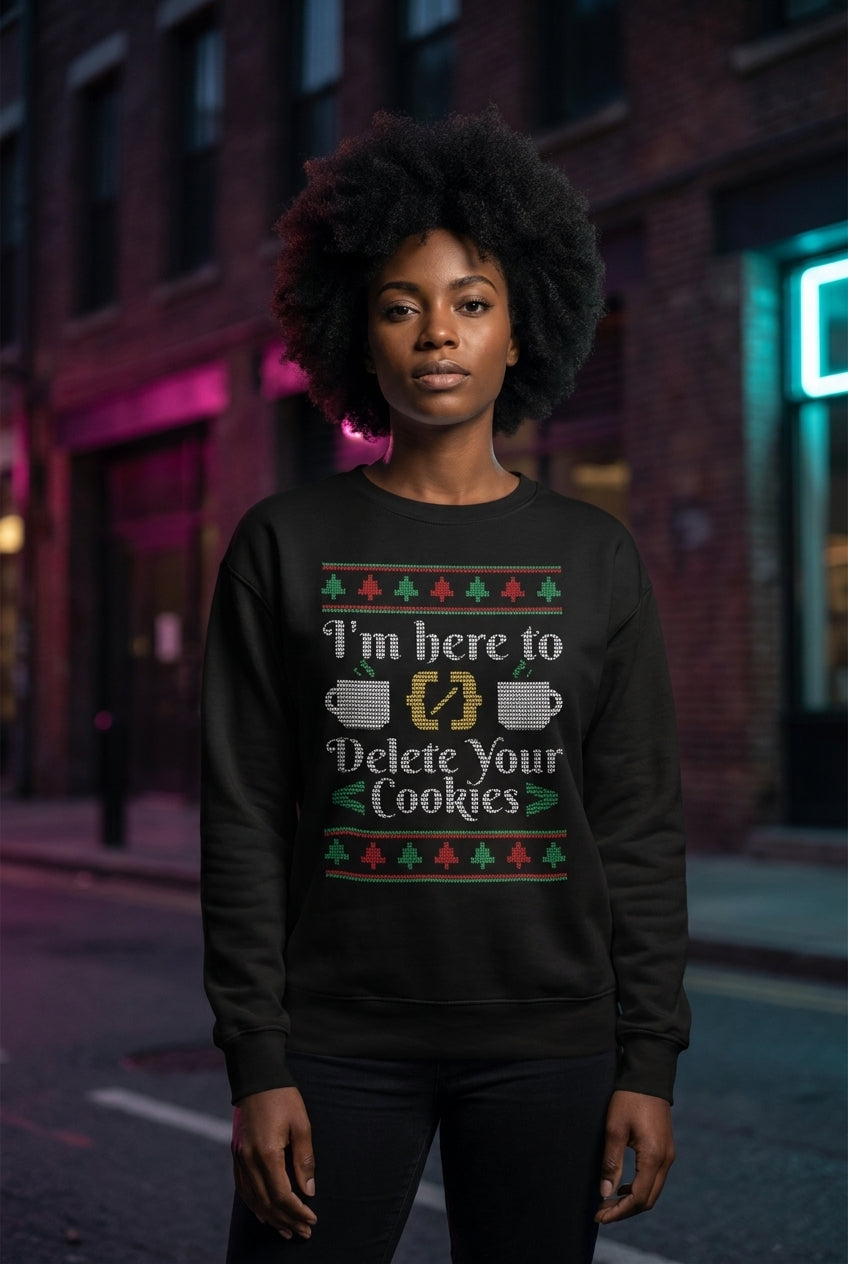 Mujer en suéter Delete Your Cookies ugly sweater geek streetwear urbano | Algoritmo