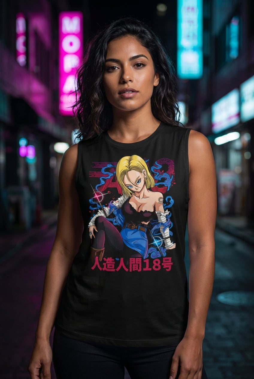 Mujer en camiseta sin mangas Dragon Ball Android 18 estilo streetwear urbano | Algoritmo