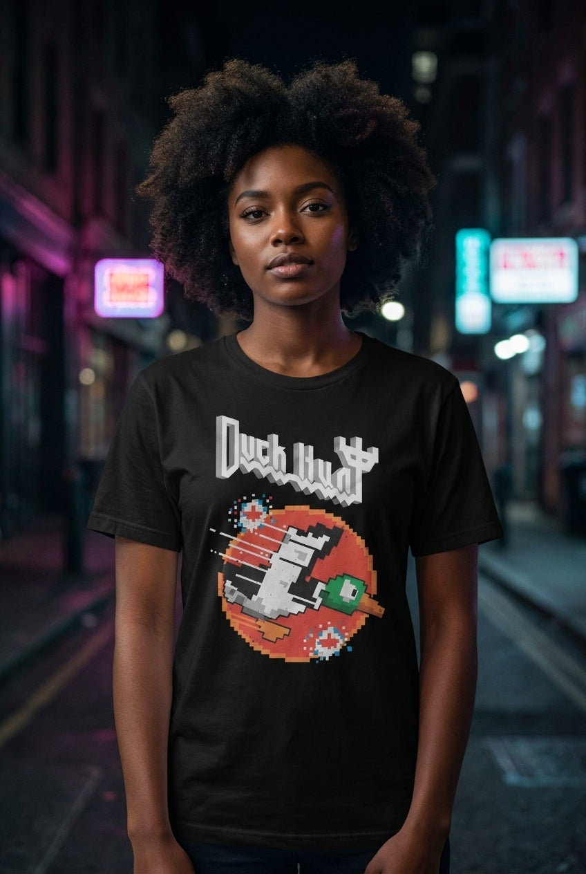 Mujer en playera Duck Hunt retro gamer streetwear urbano | Algoritmo
