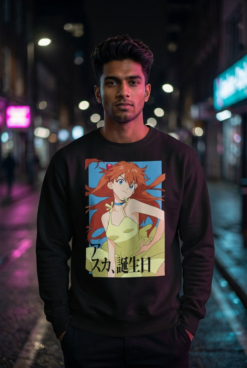 Hombre en suéter Asuka Evangelion streetwear urbano | Algoritmo