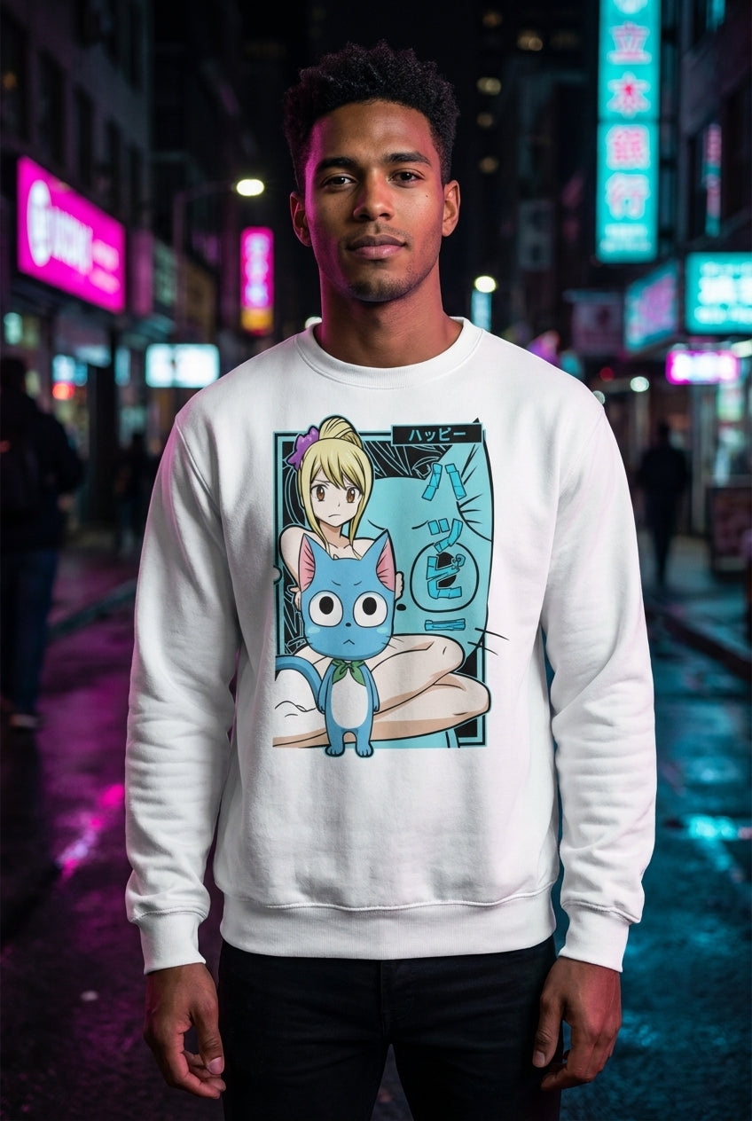Hombre en sueter Fairy Tail Happy y Lucy streetwear urbano | Algoritmo