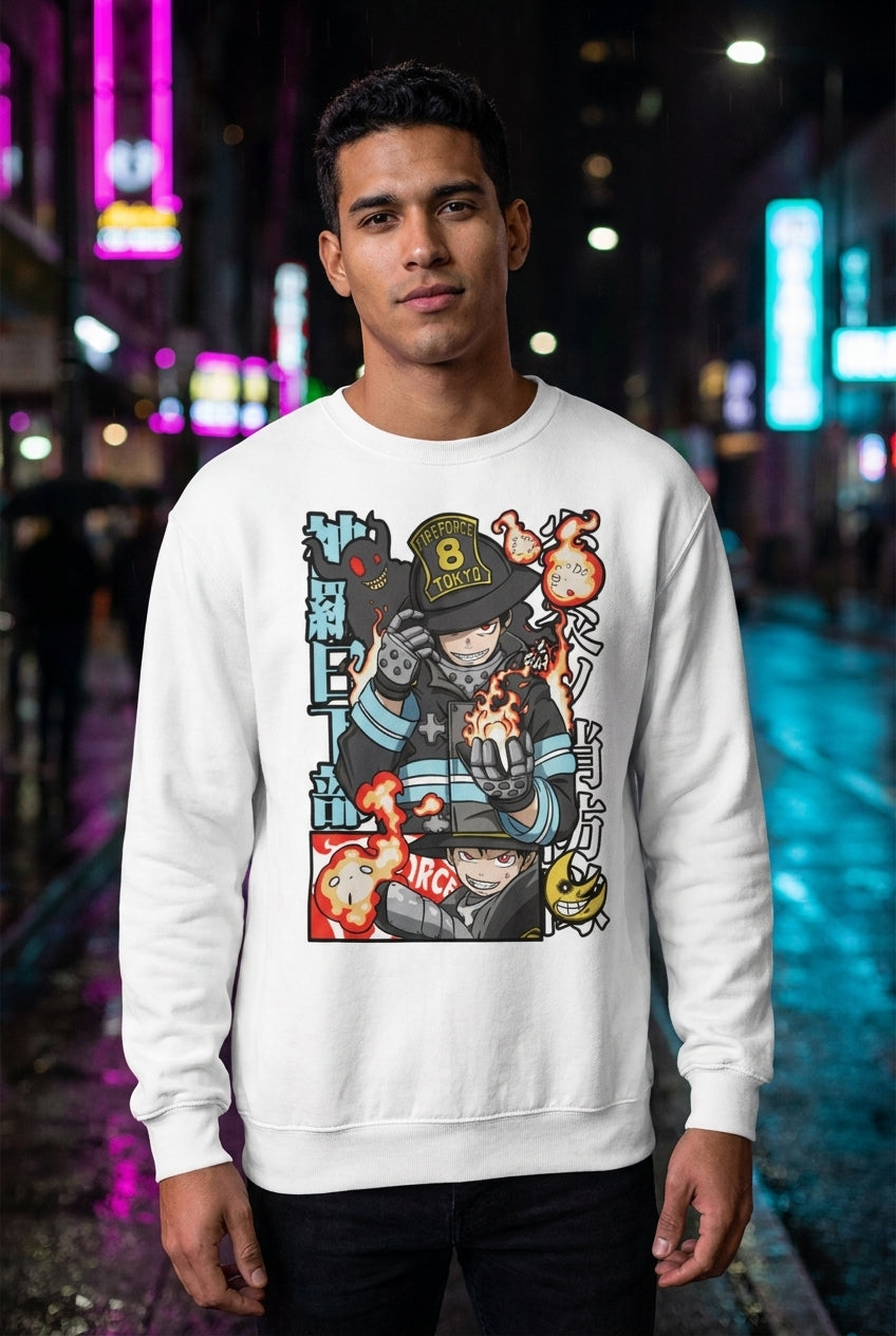 Hombre en sudadera blanca Fire Force Shinra streetwear urbano | Algoritmo