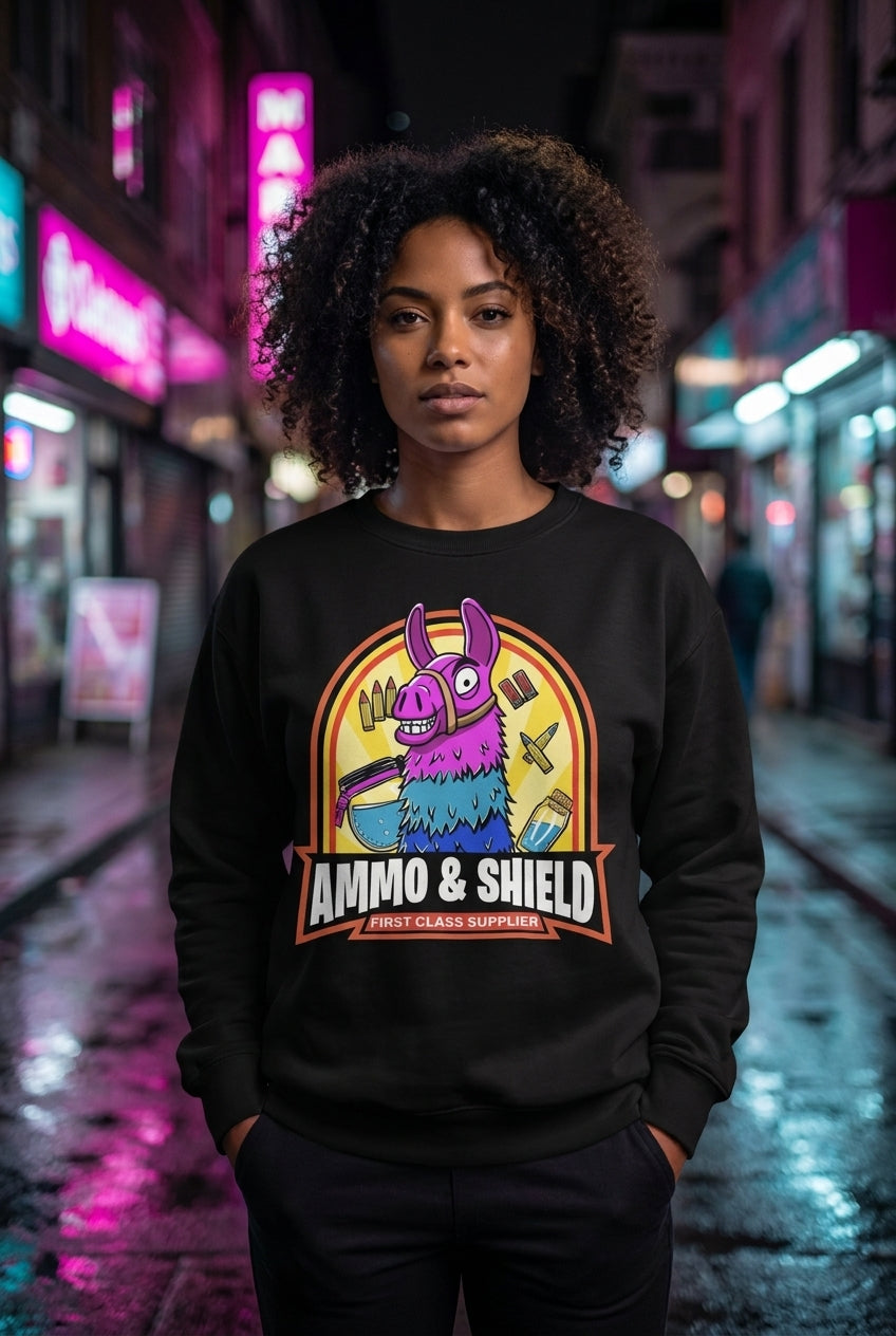 Mujer en sudadera Fortnite llama Ammo and Shield streetwear urbano | Algoritmo