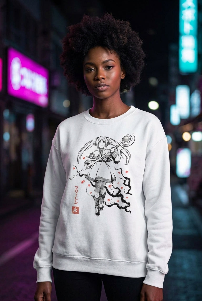 Mujer en sueter Frieren anime streetwear urbano | Algoritmo