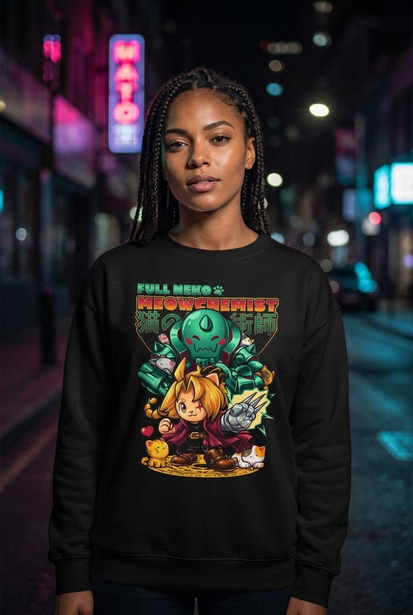 Mujer en sueter negro Fullmetal Alchemist Meowchemist streetwear urbano | Algoritmo
