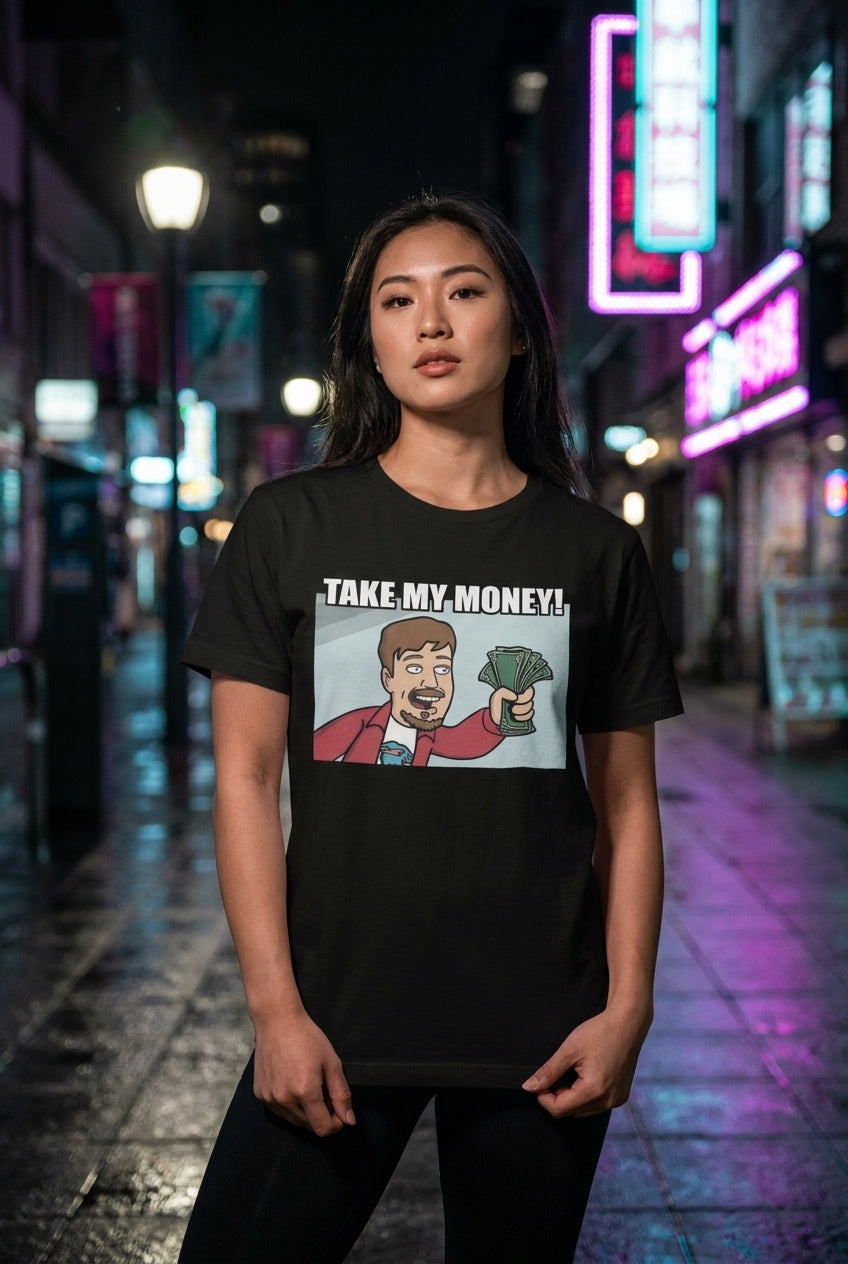 Mujer en playera Futurama Take My Money meme streetwear urbano | Algoritmo