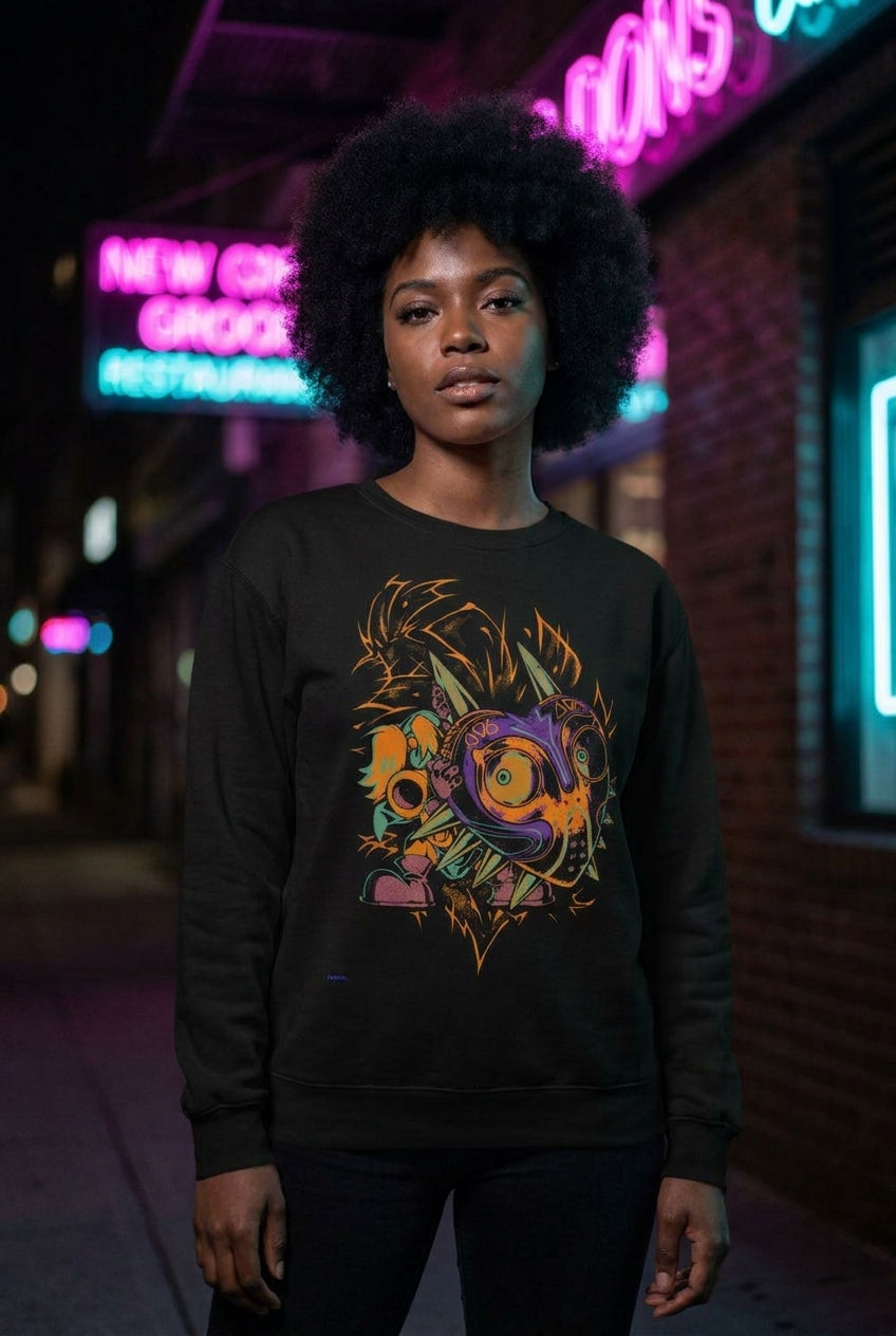 Mujer en suéter Majora Mask Zelda gamer retro geek streetwear urbano | Algoritmo