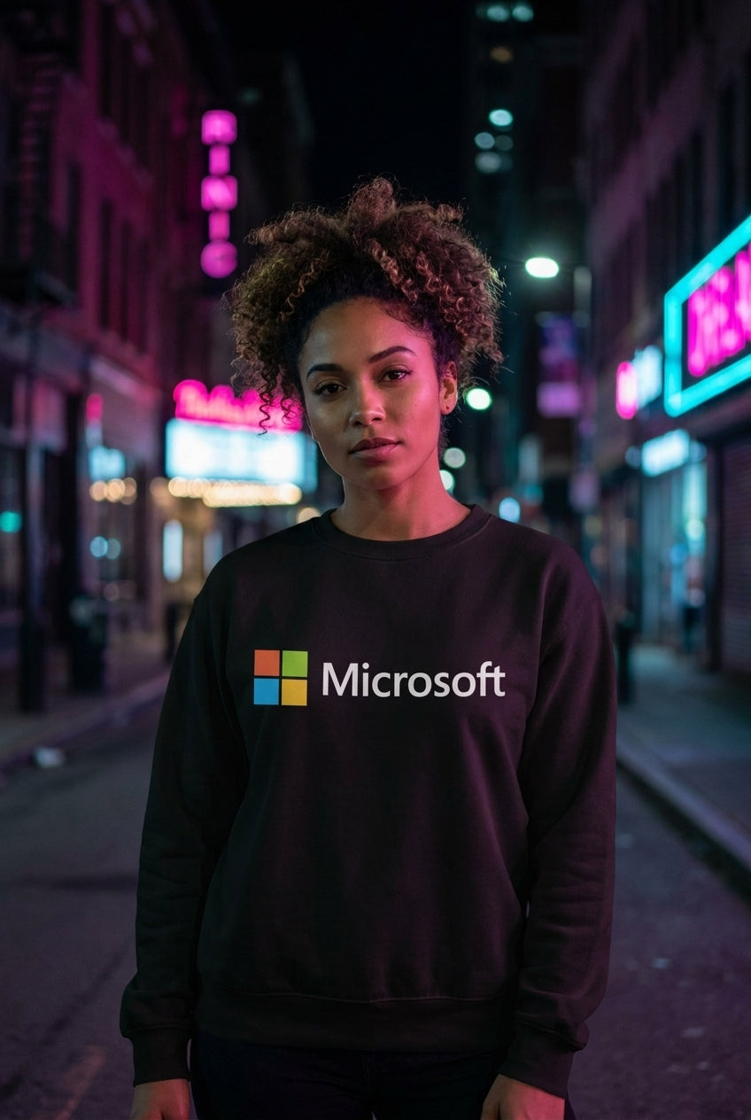 Mujer en suéter logo Microsoft gamer tecnológico streetwear urbano | Algoritmo