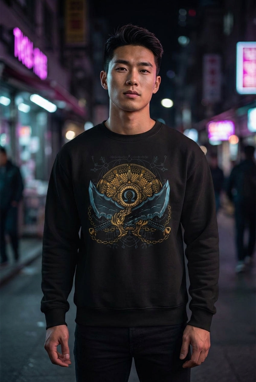 Hombre en suéter negro con God of War Blades of Chaos streetwear urbano | Algoritmo