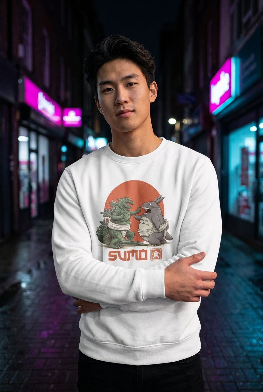 Hombre en sudadera Godzilla vs Totoro Sumo streetwear urbano | Algoritmo