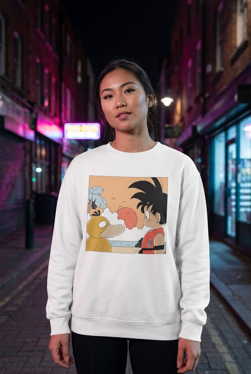 Mujer en sudadera Goku y Psyduck Dragon Ball streetwear urbano | Algoritmo