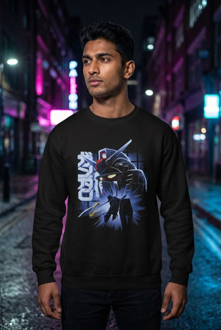 Hombre en sudadera Gundam RX-78 streetwear urbano | Algoritmo