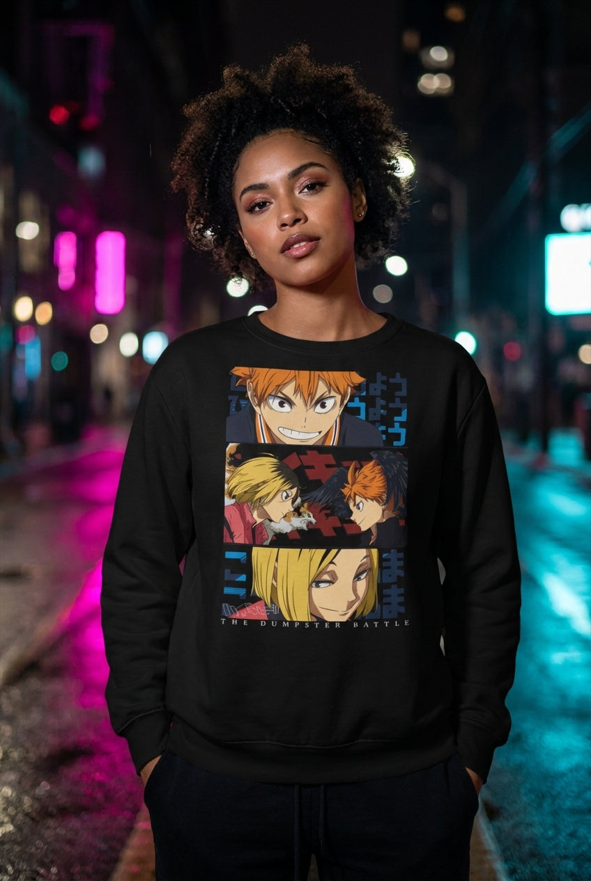 Mujer en sudadera Haikyuu Dumpster Battle anime streetwear urbano | Algoritmo