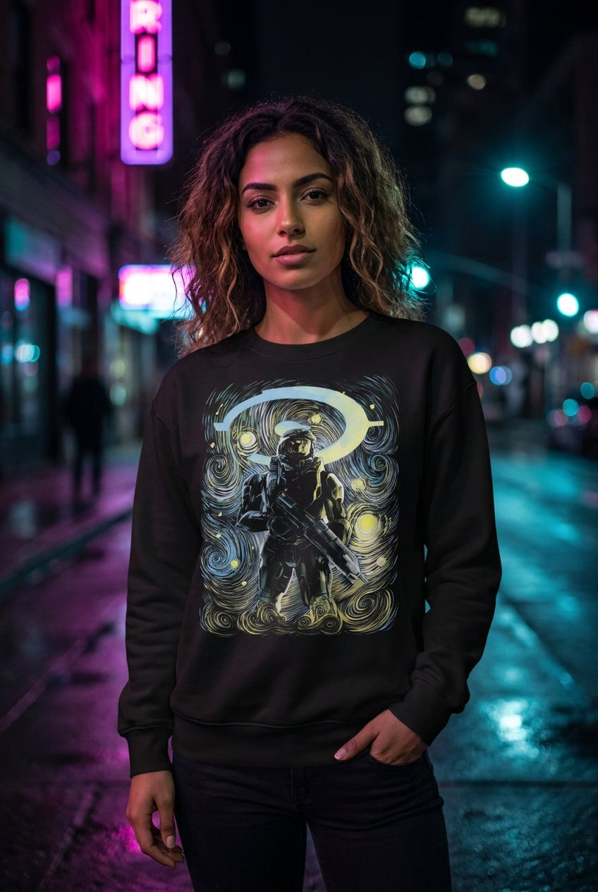 Mujer en sudadera Halo Master Chief noche estrellada streetwear urbano | Algoritmo