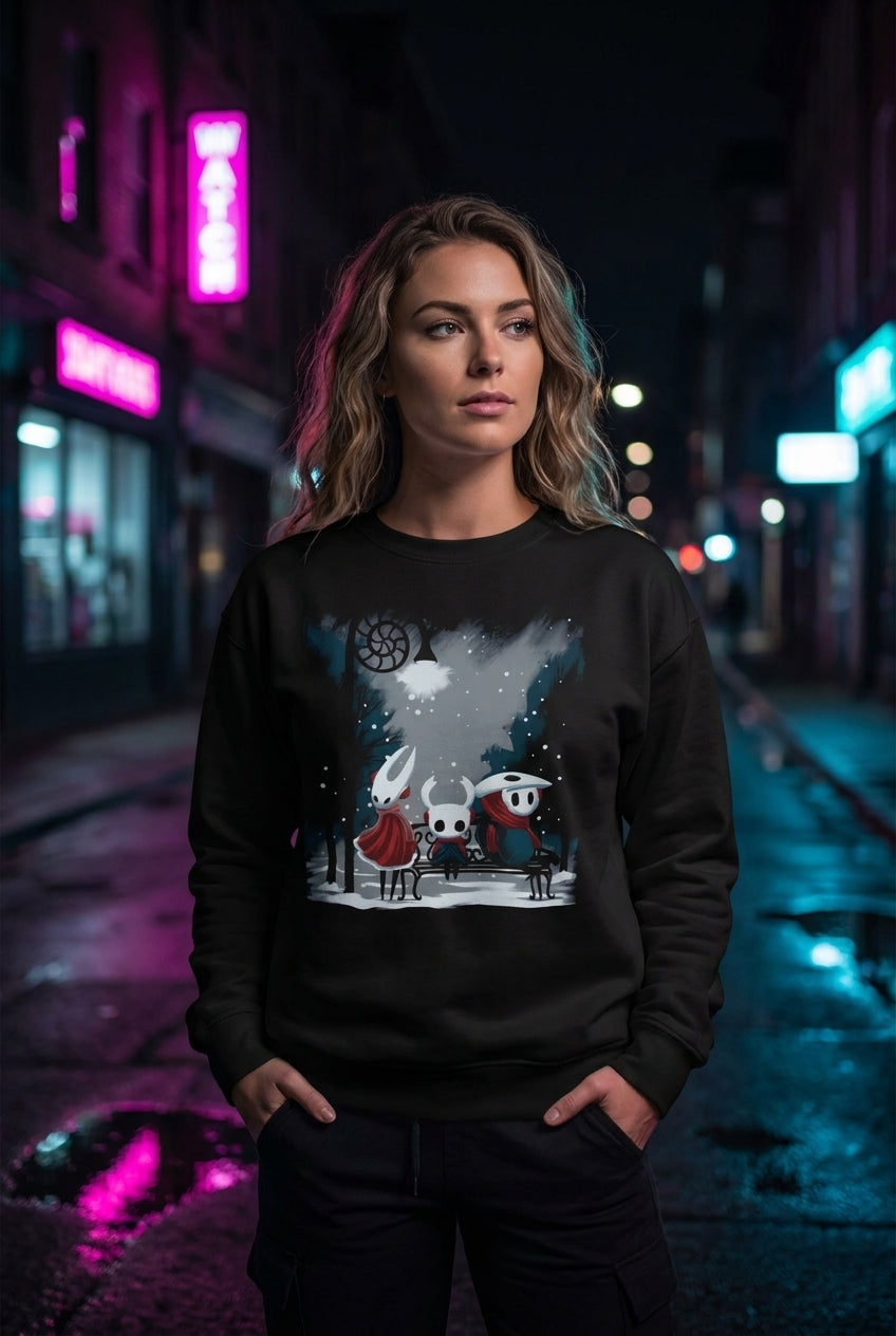 Mujer en suéter Hollow Knight streetwear urbano | Algoritmo