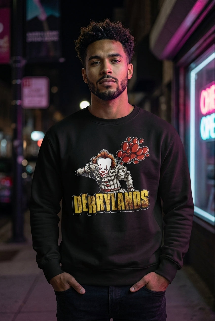Hombre en sudadera negra Pennywise IT Derrylands streetwear urbano | Algoritmo