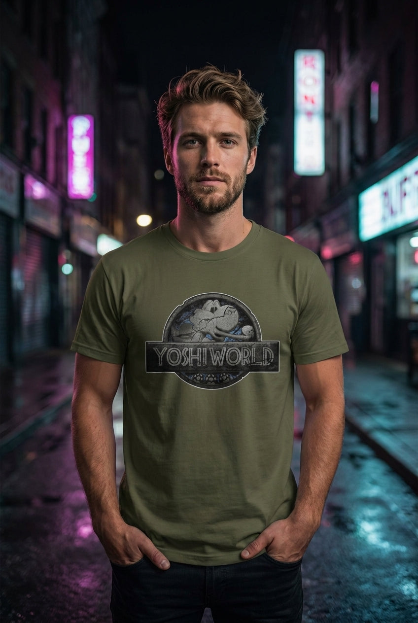 Hombre en playera verde militar Yoshi World Jurassic Park streetwear urbano | Algoritmo