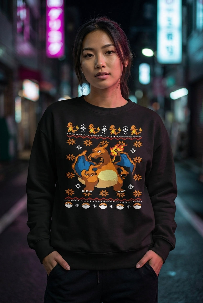 Mujer en sudadera Charizard navideña Pokémon streetwear urbano | Algoritmo
