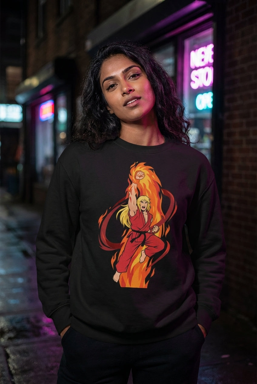 Mujer en suéter Ken Street Fighter streetwear urbano | Algoritmo