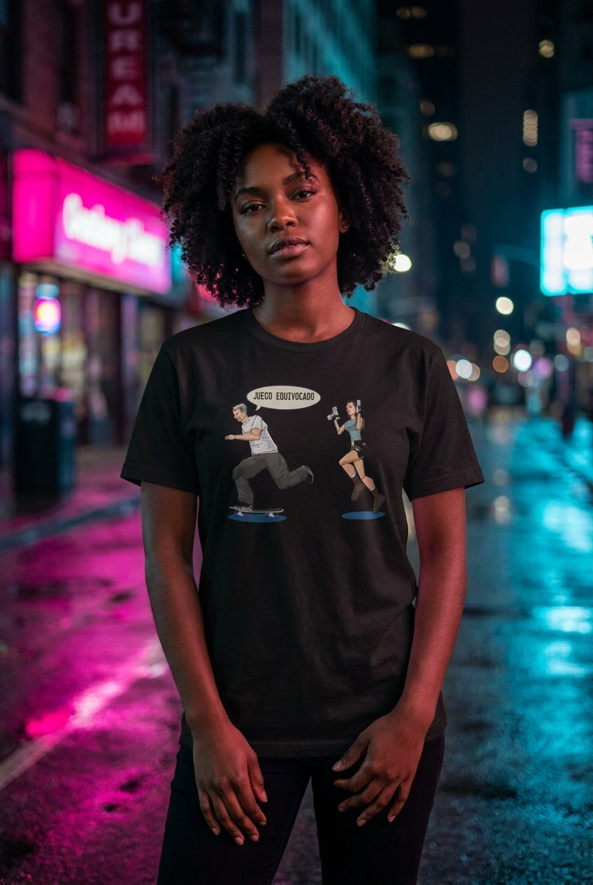 Mujer en playera negra Lara Croft Juego Equivocado streetwear urbano | Algoritmo