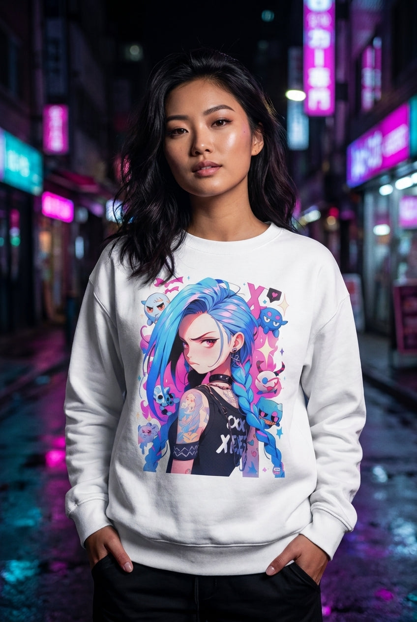 Mujer en sudadera League of Legends Jinx Arcane streetwear urbano | Algoritmo