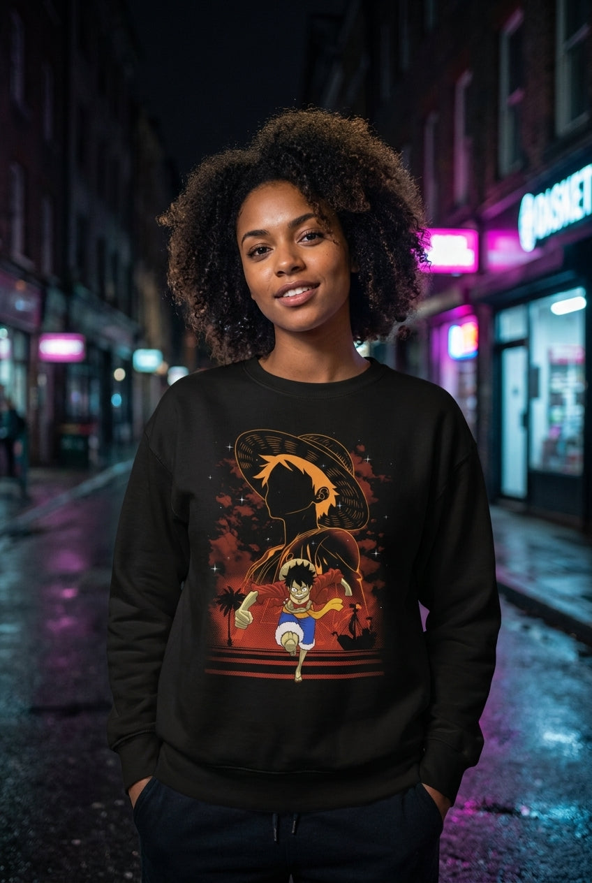Mujer en sudadera Luffy One Piece streetwear urbano | Algoritmo