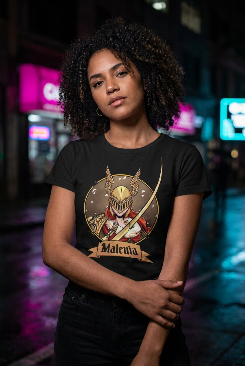 Mujer en playera Malenia Elden Ring streetwear urbano | Algoritmo