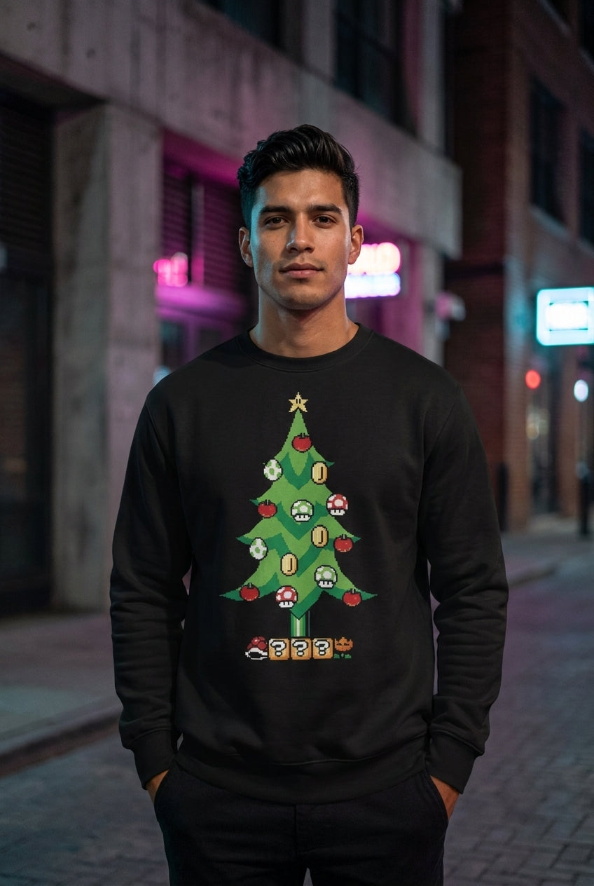 Hombre en suéter árbol navideño pixel Super Mario Bros streetwear urbano | Algoritmo