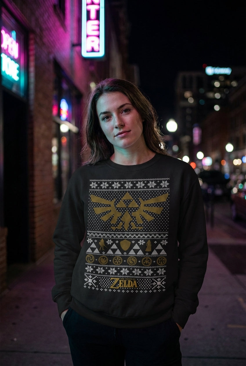 Mujer en suéter Zelda Triforce más vendidos streetwear urbano | Algoritmo