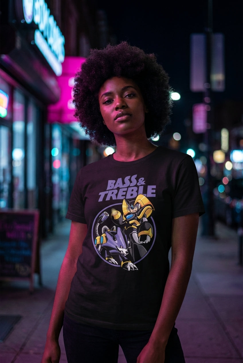 Mujer en playera Bass and Treble Megaman geek streetwear urbano | Algoritmo