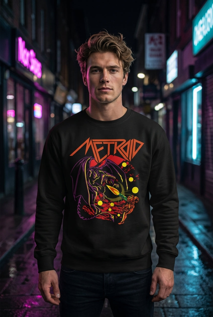 Hombre en sudadera Metroid Ridley vs Samus streetwear urbano | Algoritmo